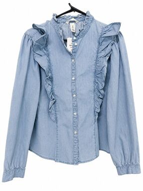 H&M Chambray Ruffle Button Front Blouse Size M